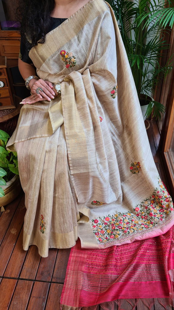 Zynah Tussar Color Jute Tissue Silk Handcrafted Saree with French Knot Hand Embroidery; Custom Stitched/Ready-made Blouse, Fall, Petticoat; Shipping available USA, Worldwide