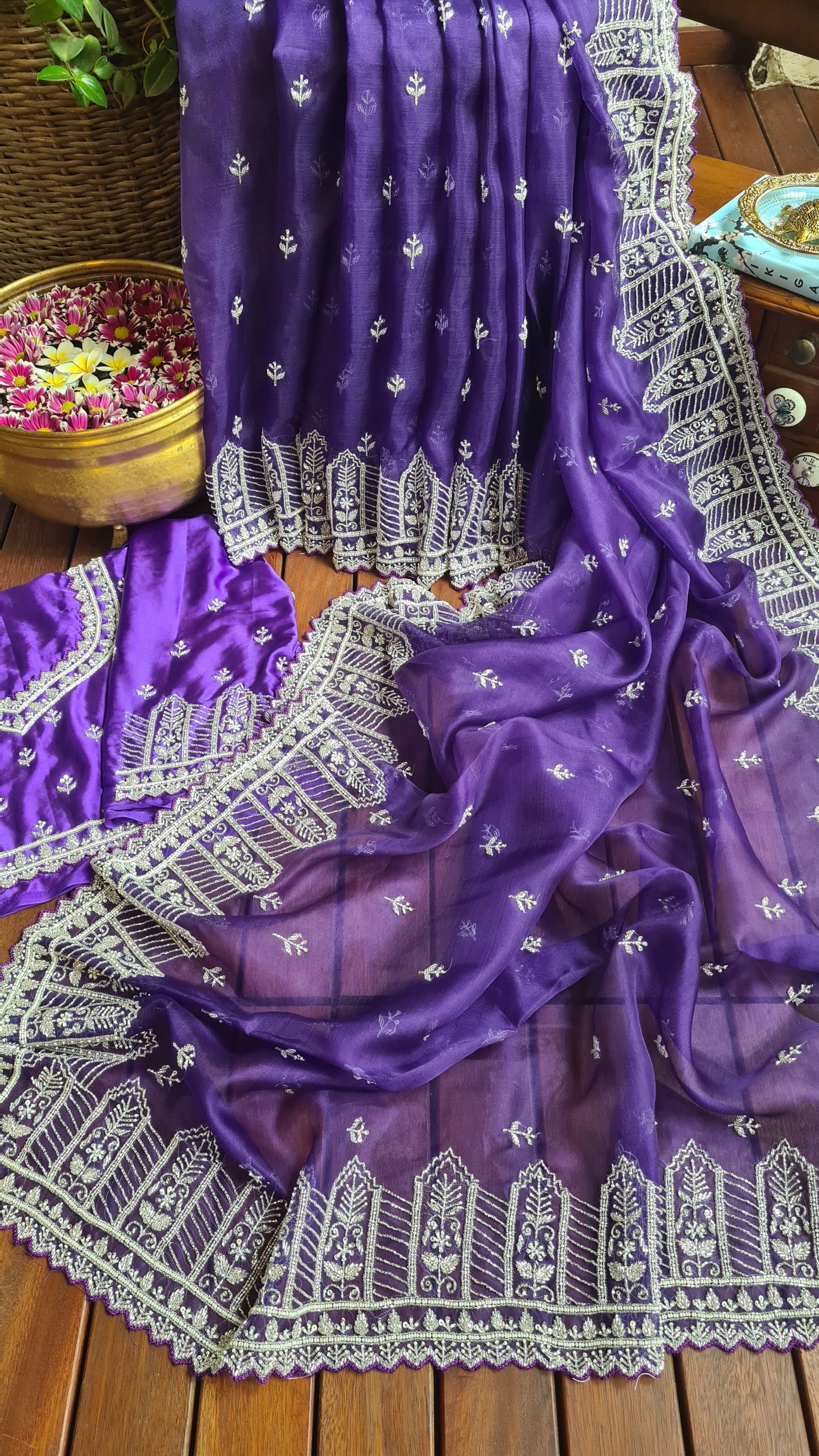 Zynah Aubergine Color Organza Silk Saree with Cut-dana Work, Pearls, Beads, Gotapatti Work; Custom Stitched/Ready-made Blouse, Fall, Petticoat; Shipping available USA, Worldwide