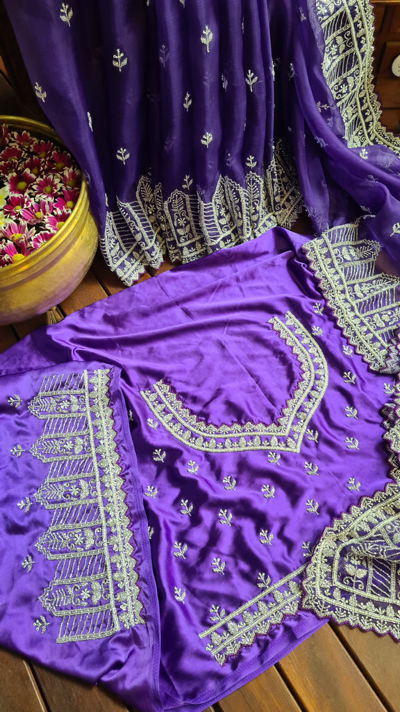 Zynah Aubergine Color Organza Silk Saree with Cut-dana Work, Pearls, Beads, Gotapatti Work; Custom Stitched/Ready-made Blouse, Fall, Petticoat; Shipping available USA, Worldwide
