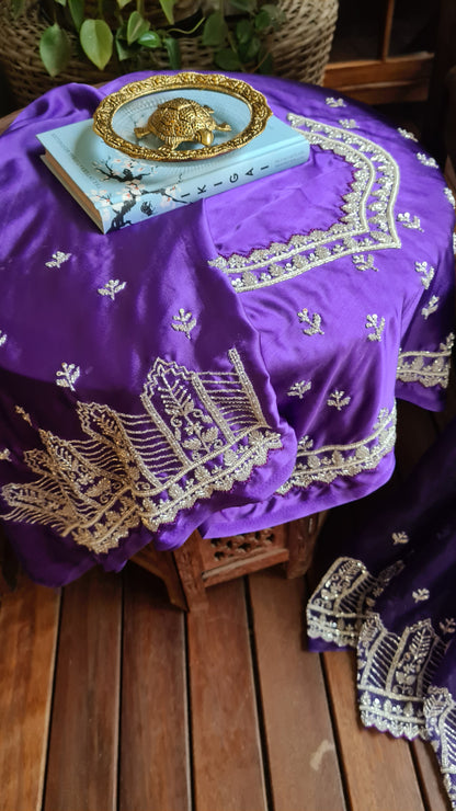 Zynah Aubergine Color Organza Silk Saree with Cut-dana Work, Pearls, Beads, Gotapatti Work; Custom Stitched/Ready-made Blouse, Fall, Petticoat; Shipping available USA, Worldwide