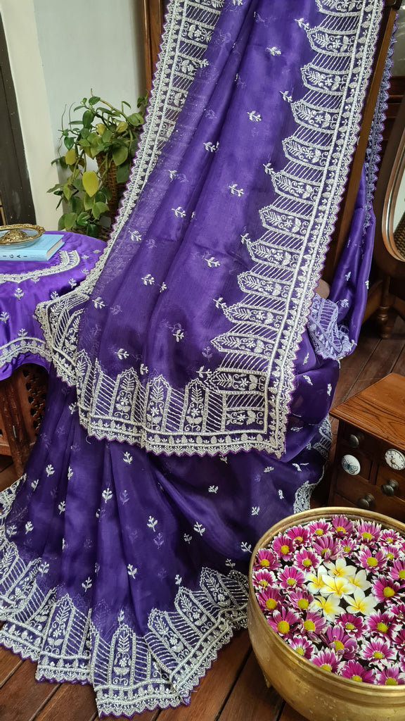 Zynah Aubergine Color Organza Silk Saree with Cut-dana Work, Pearls, Beads, Gotapatti Work; Custom Stitched/Ready-made Blouse, Fall, Petticoat; Shipping available USA, Worldwide