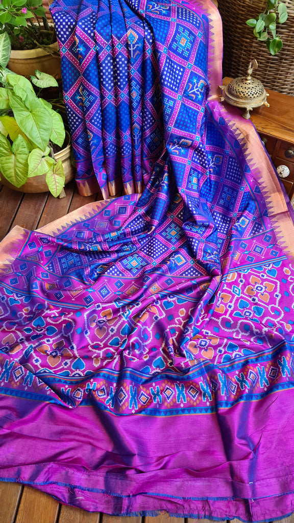 Zynah Blue Color Soft Silk Ikkat Printed Saree with woven zari borders; Custom Stitched/Ready-made Blouse, Fall, Petticoat; Shipping available USA, Worldwide
