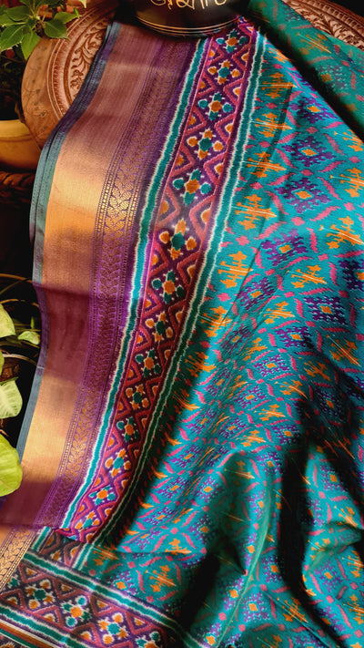 Zynah Turquoise Color Soft Silk Ikkat Printed Saree with woven zari borders; Custom Stitched/Ready-made Blouse, Fall, Petticoat; Shipping available USA, Worldwide
