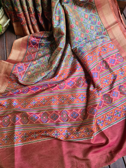 Zynah Golden Olive Color Soft Silk Ikkat Printed Saree with woven zari borders; Custom Stitched/Ready-made Blouse, Fall, Petticoat; Shipping available USA, Worldwide