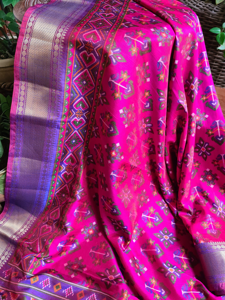 Zynah Pink Color Soft Silk Ikkat Printed Saree with woven zari borders; Custom Stitched/Ready-made Blouse, Fall, Petticoat; Shipping available USA, Worldwide