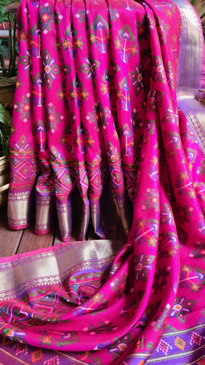Zynah Pink Color Soft Silk Ikkat Printed Saree with woven zari borders; Custom Stitched/Ready-made Blouse, Fall, Petticoat; Shipping available USA, Worldwide
