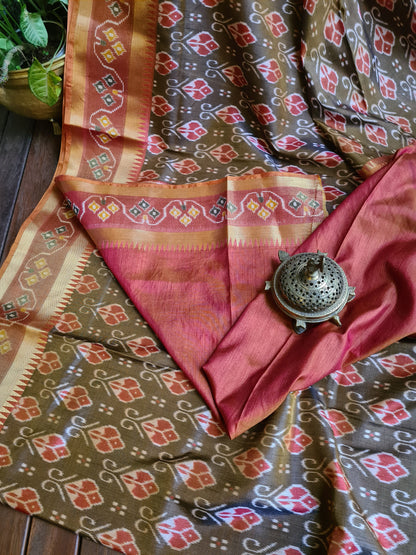 Zynah Golden Olive Color Soft Silk Ikkat Printed Saree with woven zari borders; Custom Stitched/Ready-made Blouse, Fall, Petticoat; Shipping available USA, Worldwide