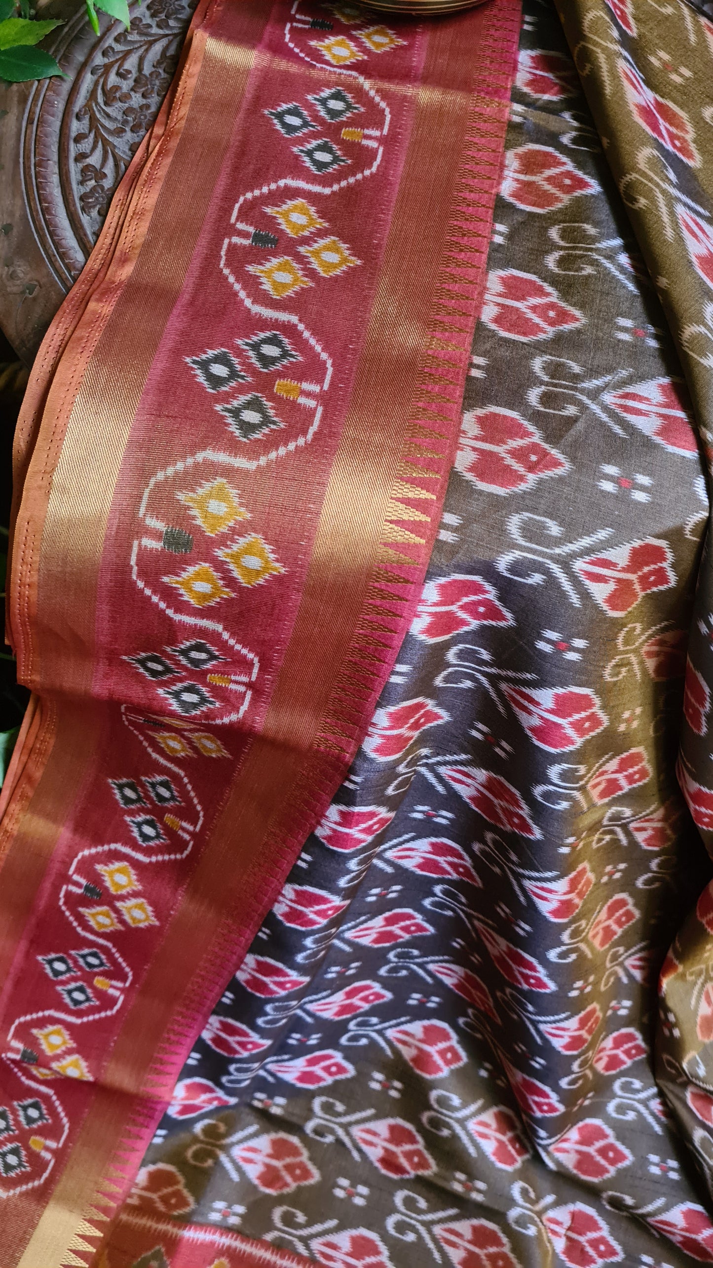 Zynah Golden Olive Color Soft Silk Ikkat Printed Saree with woven zari borders; Custom Stitched/Ready-made Blouse, Fall, Petticoat; Shipping available USA, Worldwide