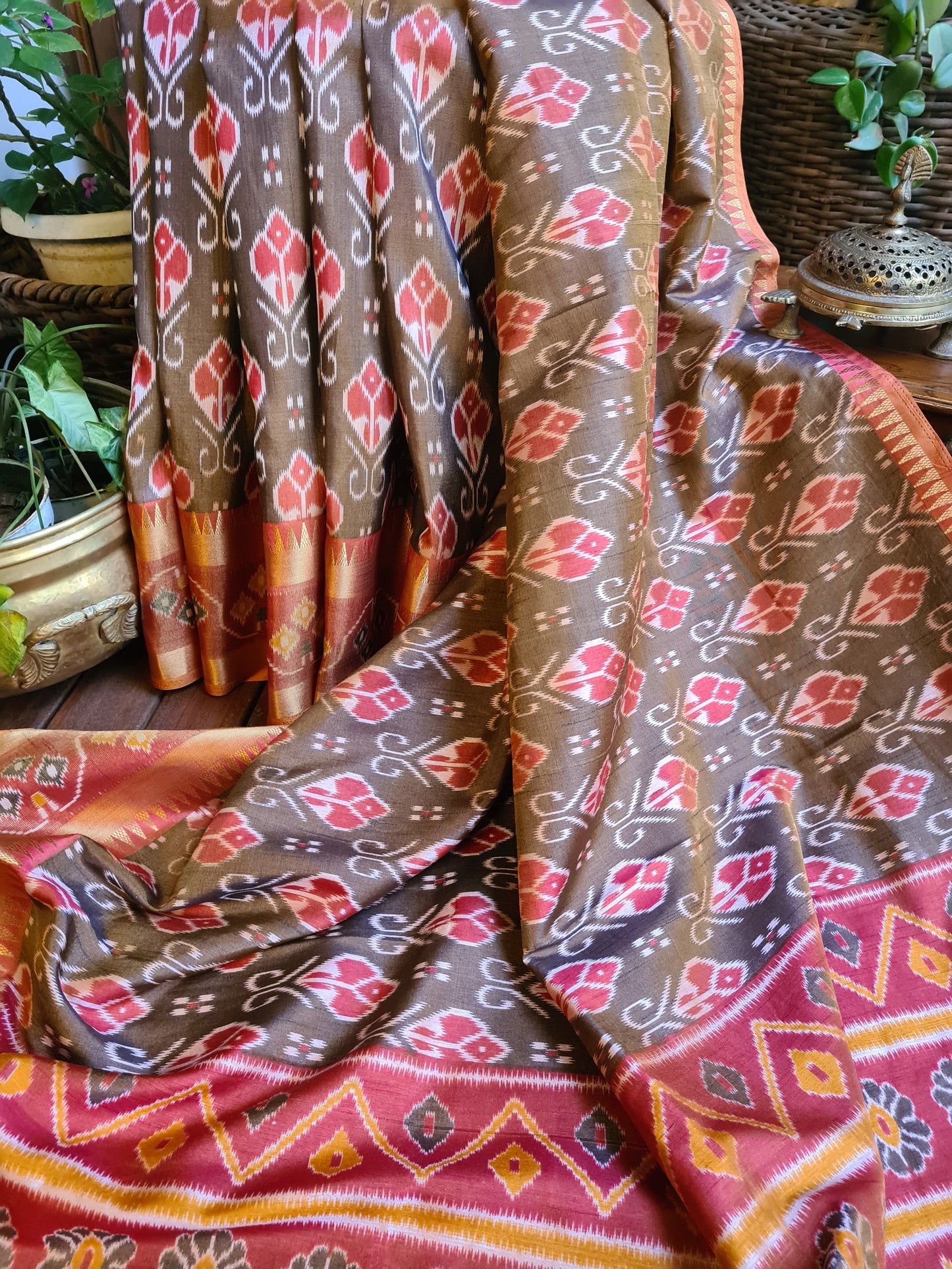 Zynah Golden Olive Color Soft Silk Ikkat Printed Saree with woven zari borders; Custom Stitched/Ready-made Blouse, Fall, Petticoat; Shipping available USA, Worldwide