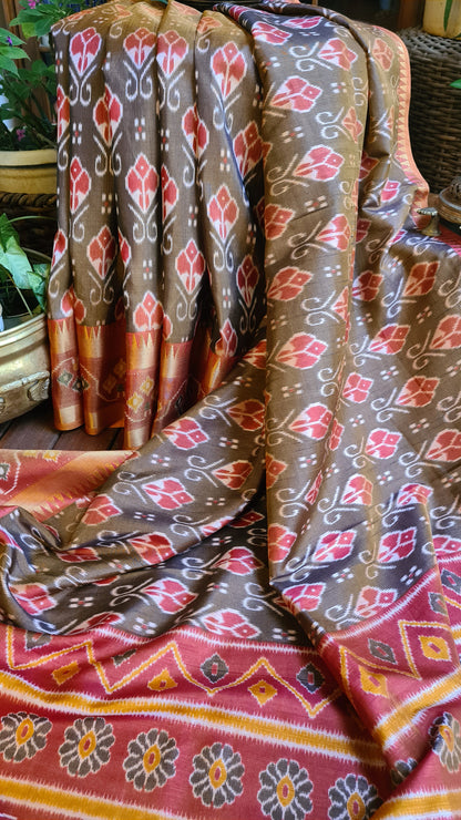 Zynah Golden Olive Color Soft Silk Ikkat Printed Saree with woven zari borders; Custom Stitched/Ready-made Blouse, Fall, Petticoat; Shipping available USA, Worldwide