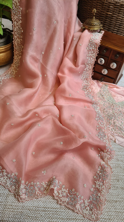 Zynah Peach Color Pure Organza Silk Saree with Sequence, Pearls & Cut-dana Work; Custom Stitched/Ready-made Blouse, Fall, Petticoat; Shipping available USA, Worldwide