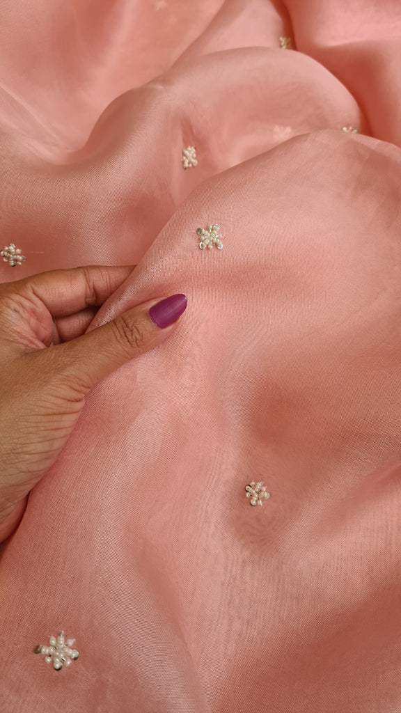 Zynah Peach Color Pure Organza Silk Saree with Sequence, Pearls & Cut-dana Work; Custom Stitched/Ready-made Blouse, Fall, Petticoat; Shipping available USA, Worldwide