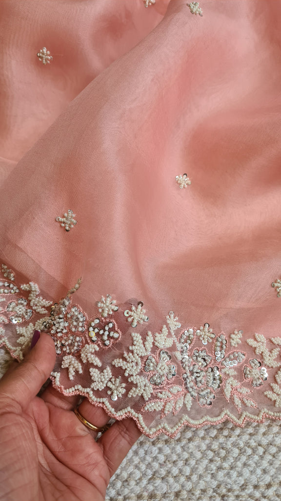 Zynah Peach Color Pure Organza Silk Saree with Sequence, Pearls & Cut-dana Work; Custom Stitched/Ready-made Blouse, Fall, Petticoat; Shipping available USA, Worldwide