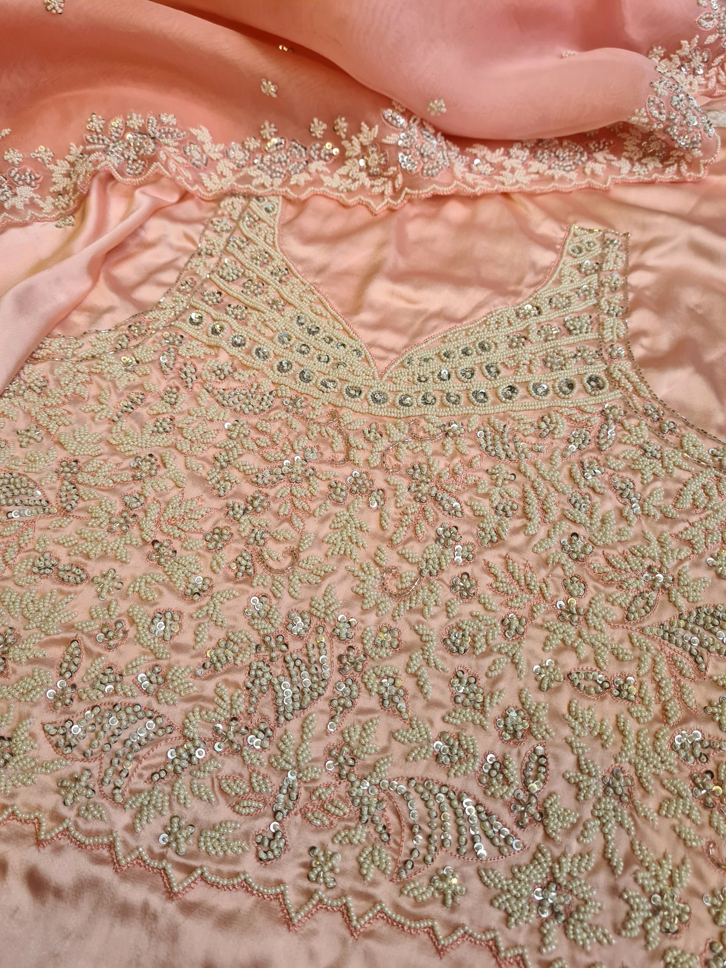 Zynah Peach Color Pure Organza Silk Saree with Sequence, Pearls & Cut-dana Work; Custom Stitched/Ready-made Blouse, Fall, Petticoat; Shipping available USA, Worldwide