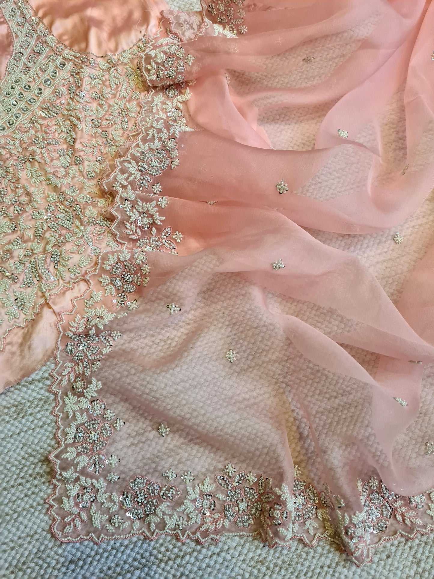 Zynah Peach Color Pure Organza Silk Saree with Sequence, Pearls & Cut-dana Work; Custom Stitched/Ready-made Blouse, Fall, Petticoat; Shipping available USA, Worldwide