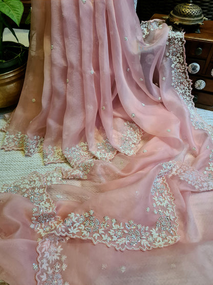 Zynah Peach Color Pure Organza Silk Saree with Sequence, Pearls & Cut-dana Work; Custom Stitched/Ready-made Blouse, Fall, Petticoat; Shipping available USA, Worldwide