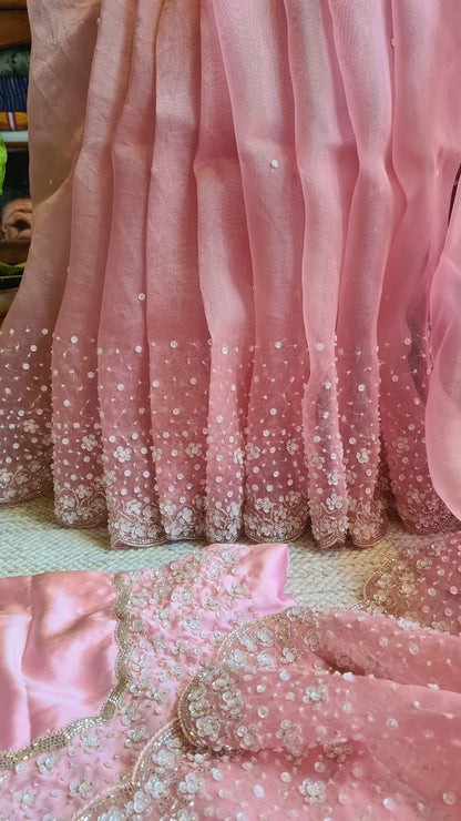 Zynah Baby Pink colored Pure Organza Silk Saree with Sequin, Pearl beads and Cut-dana Handwork; Custom Stitched/Ready-made Blouse, Fall, Petticoat; Shipping available USA, Worldwide