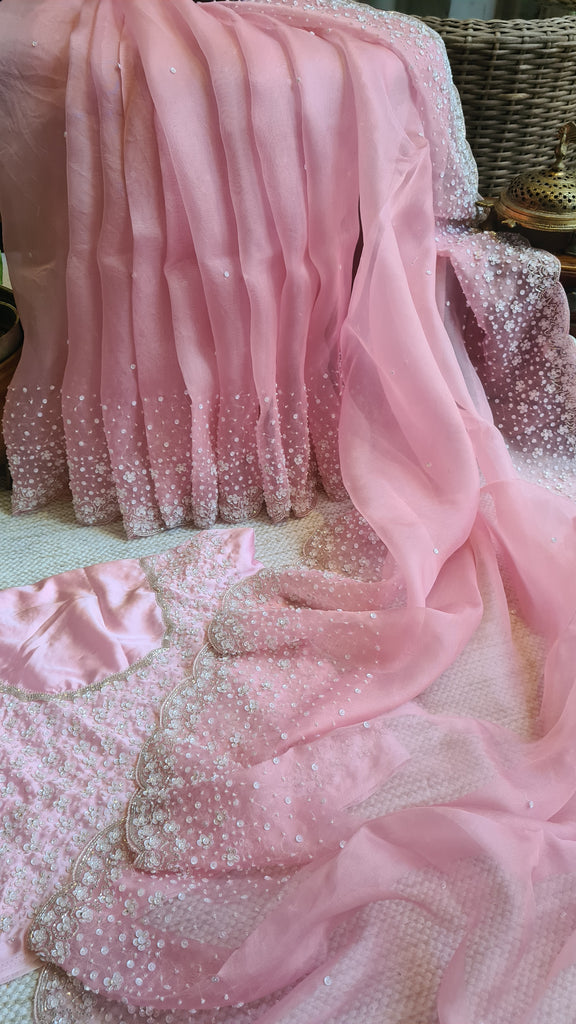 Zynah Baby Pink colored Pure Organza Silk Saree with Sequin, Pearl beads and Cut-dana Handwork; Custom Stitched/Ready-made Blouse, Fall, Petticoat; Shipping available USA, Worldwide