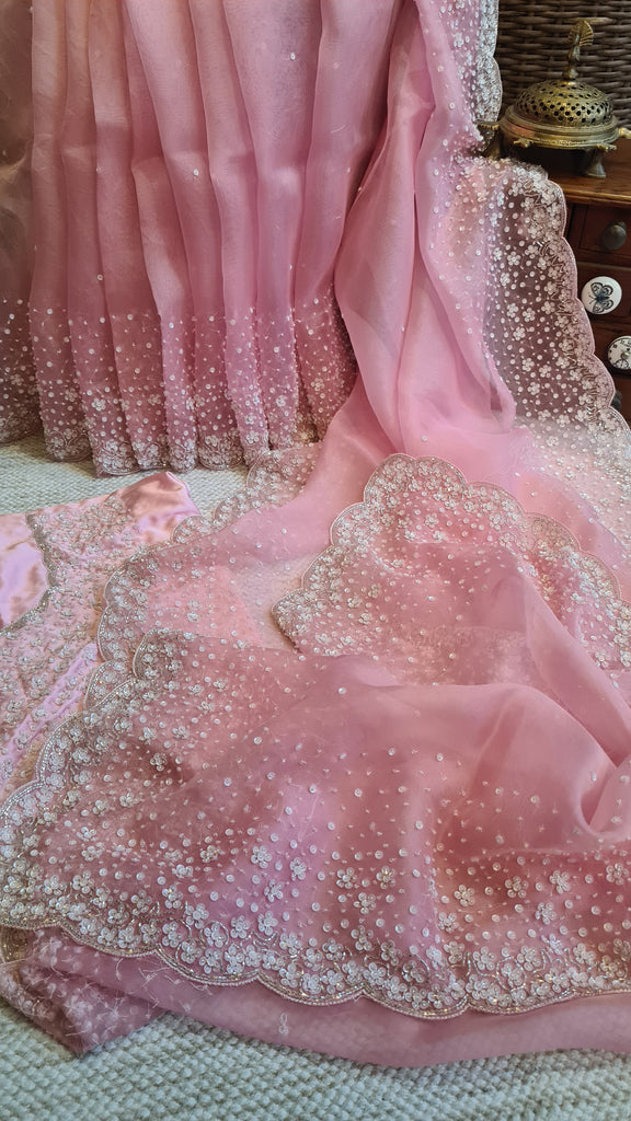Zynah Baby Pink colored Pure Organza Silk Saree with Sequin, Pearl beads and Cut-dana Handwork; Custom Stitched/Ready-made Blouse, Fall, Petticoat; Shipping available USA, Worldwide