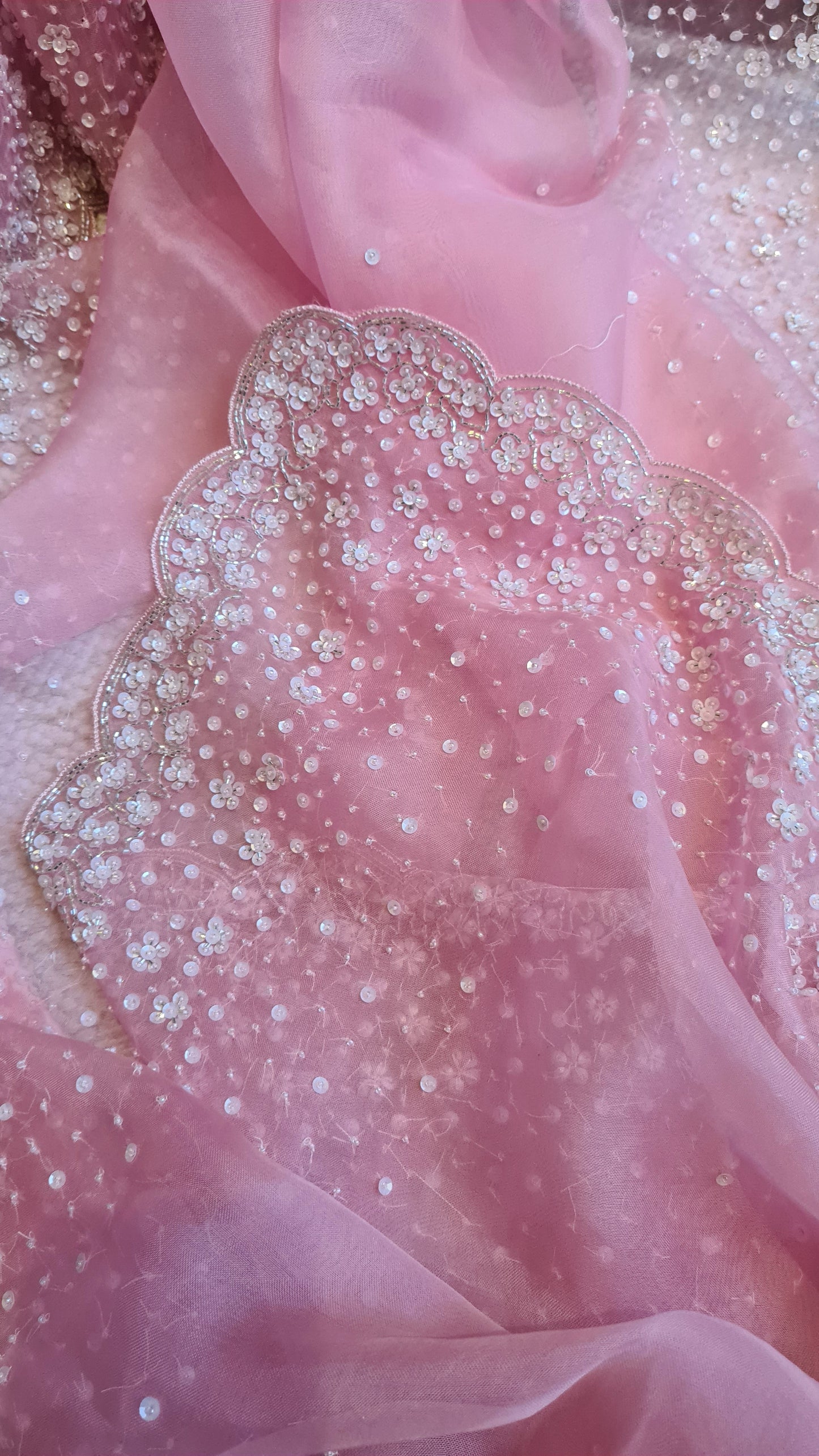 Zynah Baby Pink colored Pure Organza Silk Saree with Sequin, Pearl beads and Cut-dana Handwork; Custom Stitched/Ready-made Blouse, Fall, Petticoat; Shipping available USA, Worldwide