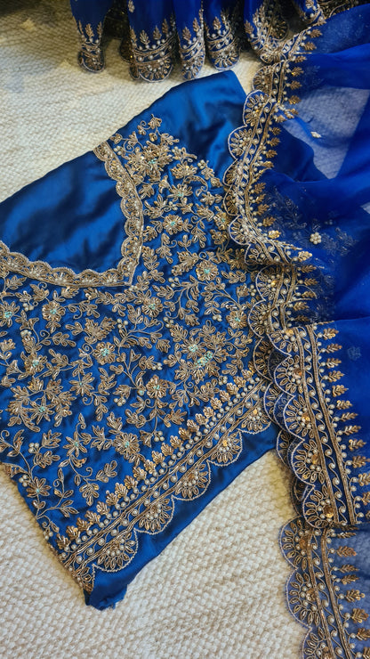 Zynah Blue colored Pure Organza Silk Saree with Zardosi, Pearl beads and Sequin Handwork; Custom Stitched/Ready-made Blouse, Fall, Petticoat; Shipping available USA, Worldwide