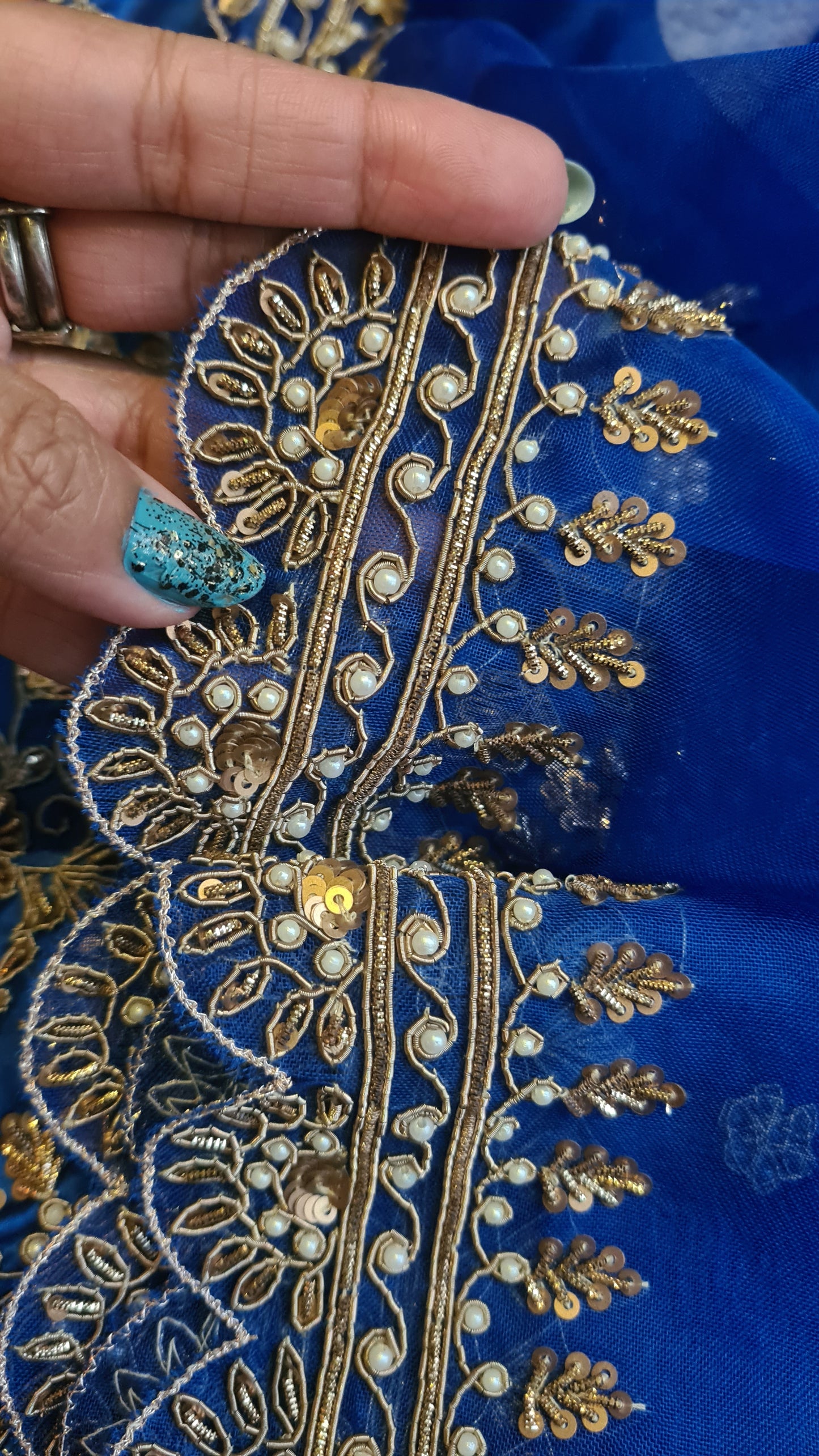 Zynah Blue colored Pure Organza Silk Saree with Zardosi, Pearl beads and Sequin Handwork; Custom Stitched/Ready-made Blouse, Fall, Petticoat; Shipping available USA, Worldwide