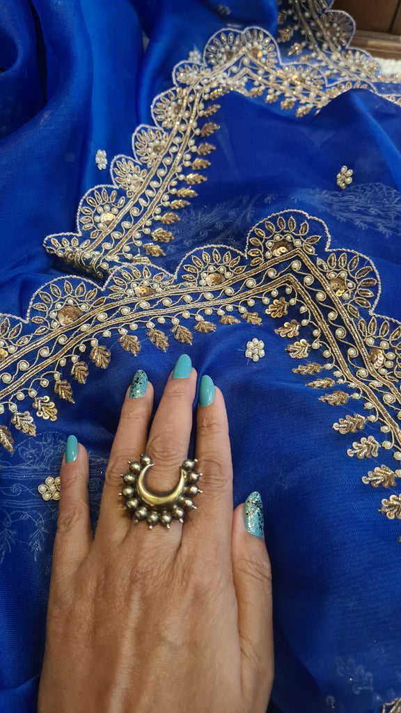 Zynah Blue colored Pure Organza Silk Saree with Zardosi, Pearl beads and Sequin Handwork; Custom Stitched/Ready-made Blouse, Fall, Petticoat; Shipping available USA, Worldwide