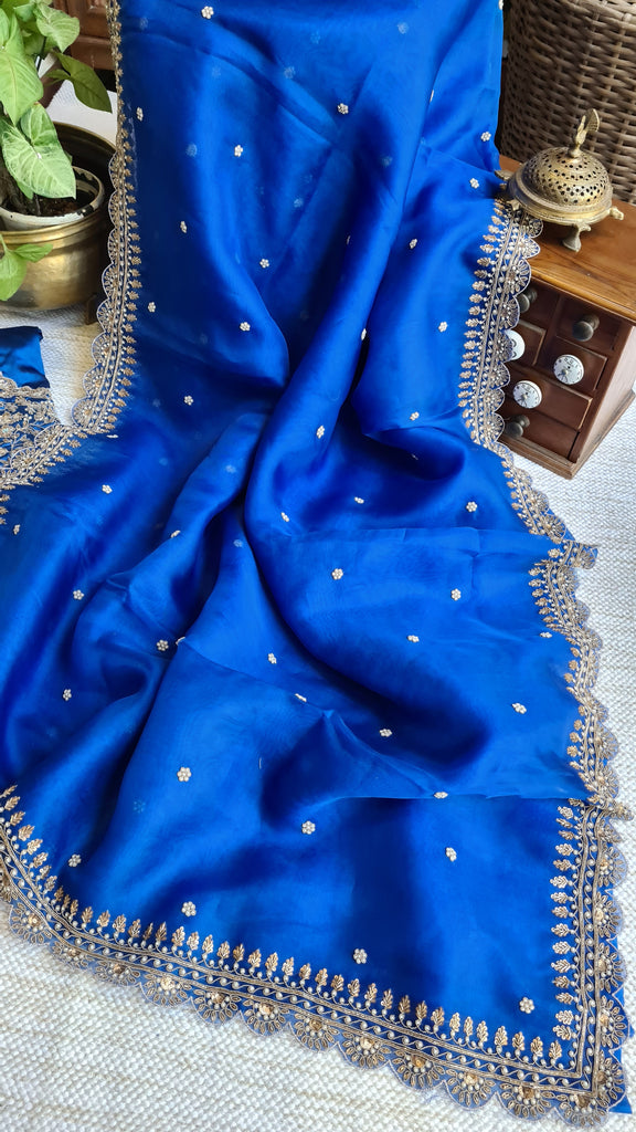 Zynah Blue colored Pure Organza Silk Saree with Zardosi, Pearl beads and Sequin Handwork; Custom Stitched/Ready-made Blouse, Fall, Petticoat; Shipping available USA, Worldwide
