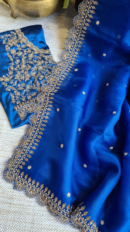 Zynah Blue colored Pure Organza Silk Saree with Zardosi, Pearl beads and Sequin Handwork; Custom Stitched/Ready-made Blouse, Fall, Petticoat; Shipping available USA, Worldwide