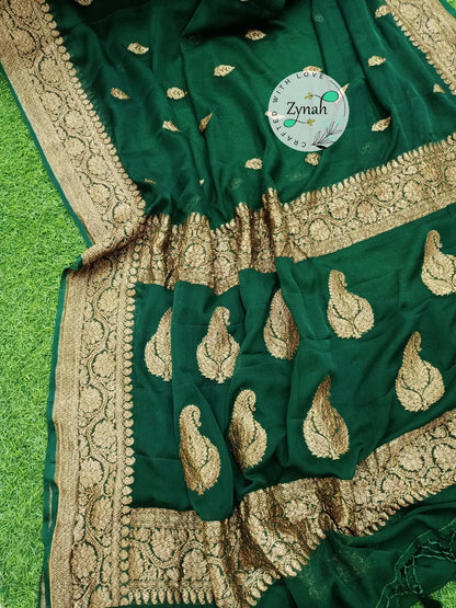 Zynah Pure Banarasi Handloom Khaddi Georgette Saree with Zari Border & Butis; Custom Stitched/Ready-made Blouse, Fall, Petticoat; Shipping available USA, Worldwide