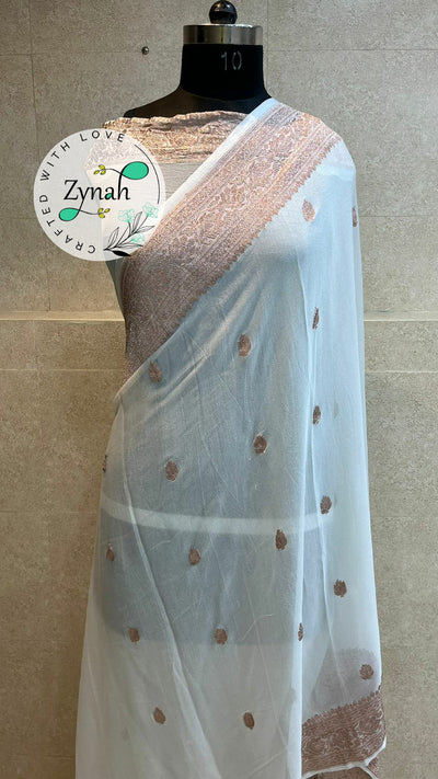 Zynah Pure Banarasi Handloom Khaddi Georgette Saree with Zari Border & Butis; Custom Stitched/Ready-made Blouse, Fall, Petticoat; Shipping available USA, Worldwide
