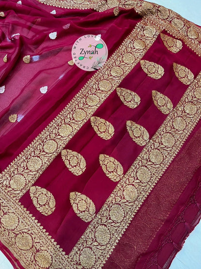 Zynah Pure Banarasi Handloom Khaddi Georgette Saree with Zari Border & Butis; Custom Stitched/Ready-made Blouse, Fall, Petticoat; Shipping available USA, Worldwide