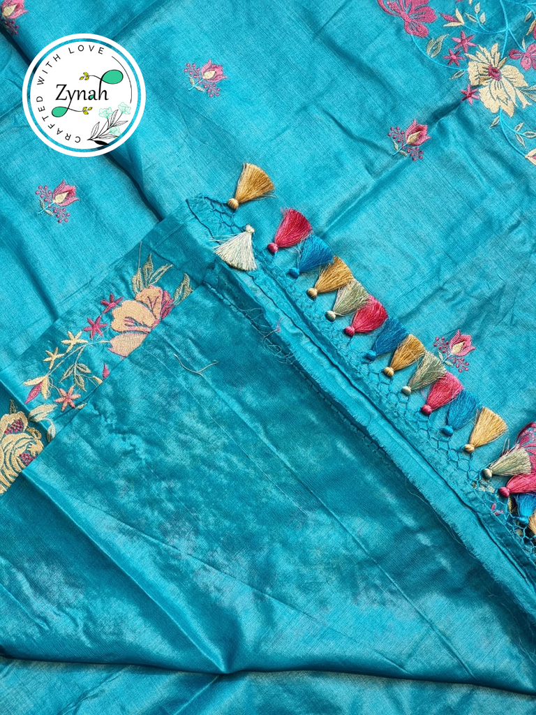 Zynah Blue Color Pure Tussar Silk Embroidered Saree with Vibrant Tassels; Custom Stitched/Ready-made Blouse, Fall, Petticoat; Shipping available USA, Worldwide