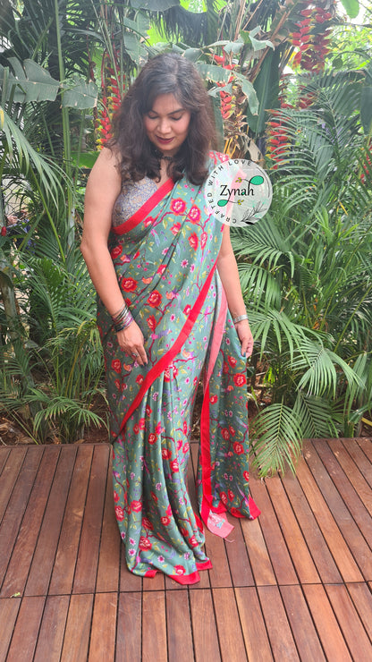 Zynah Pure Satin Silk Saree with Floral Prints; Custom Stitched/Ready-made Blouse, Fall, Petticoat; Shipping available USA, Worldwide