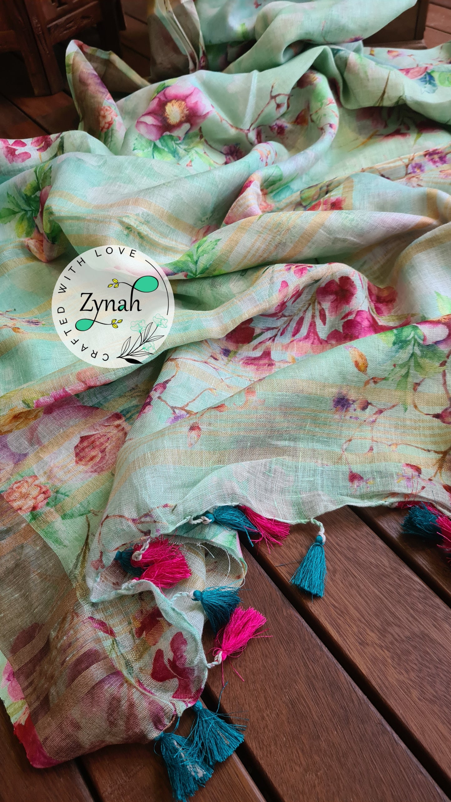 Zynah Organic Pure Linen by Linen(120c) Saree with Digital Floral Prints & Zari Border; Custom Stitched/Ready-made Blouse, Fall, Petticoat; Shipping available USA, Worldwide