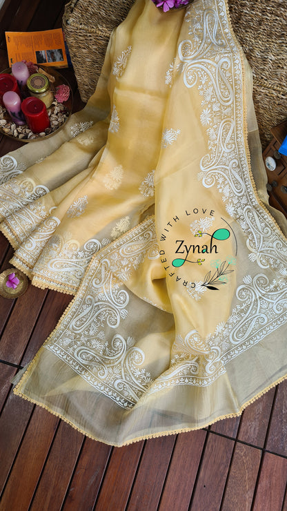 Zynah Pure Organza Silk Saree with Thread Embroidery & Crochet lace Border; Custom Stitched/Ready-made Blouse, Fall, Petticoat; Shipping available USA, Worldwide