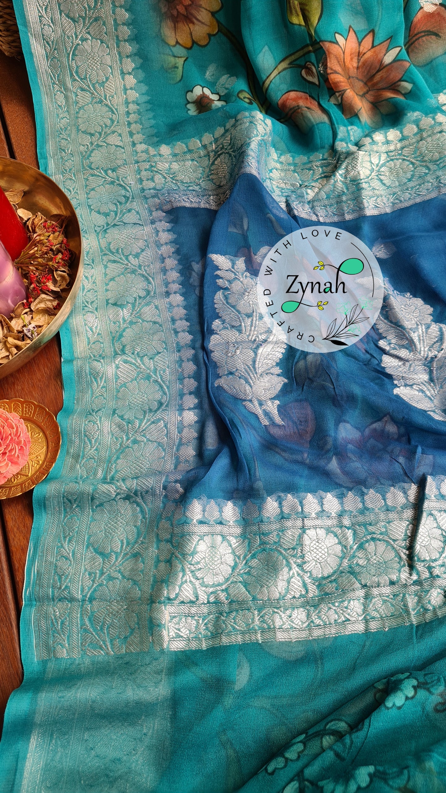 Zynah Pure Khaddi Chiffon Saree with Floral Prints & Silver Zari Weave; Custom Stitched/Ready-made Blouse, Fall, Petticoat; Shipping available USA, Worldwide