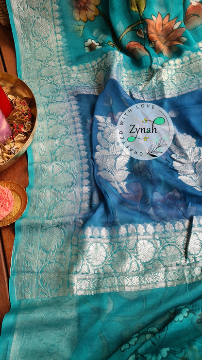 Zynah Pure Khaddi Chiffon Saree with Floral Prints & Silver Zari Weave; Custom Stitched/Ready-made Blouse, Fall, Petticoat; Shipping available USA, Worldwide