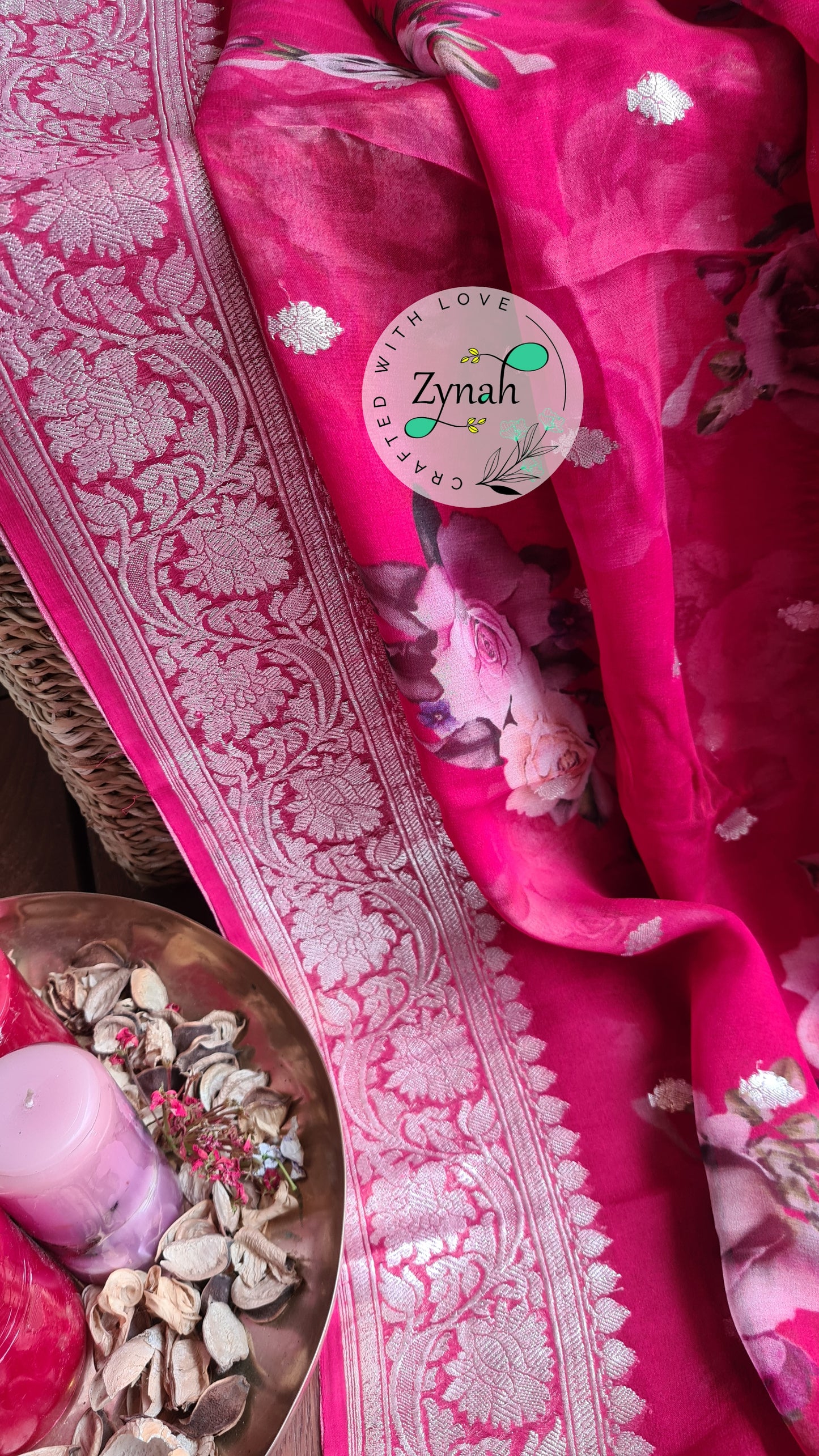 Zynah Pure Khaddi Chiffon Saree with Floral Prints & Silver Zari Weave; Custom Stitched/Ready-made Blouse, Fall, Petticoat; Shipping available USA, Worldwide