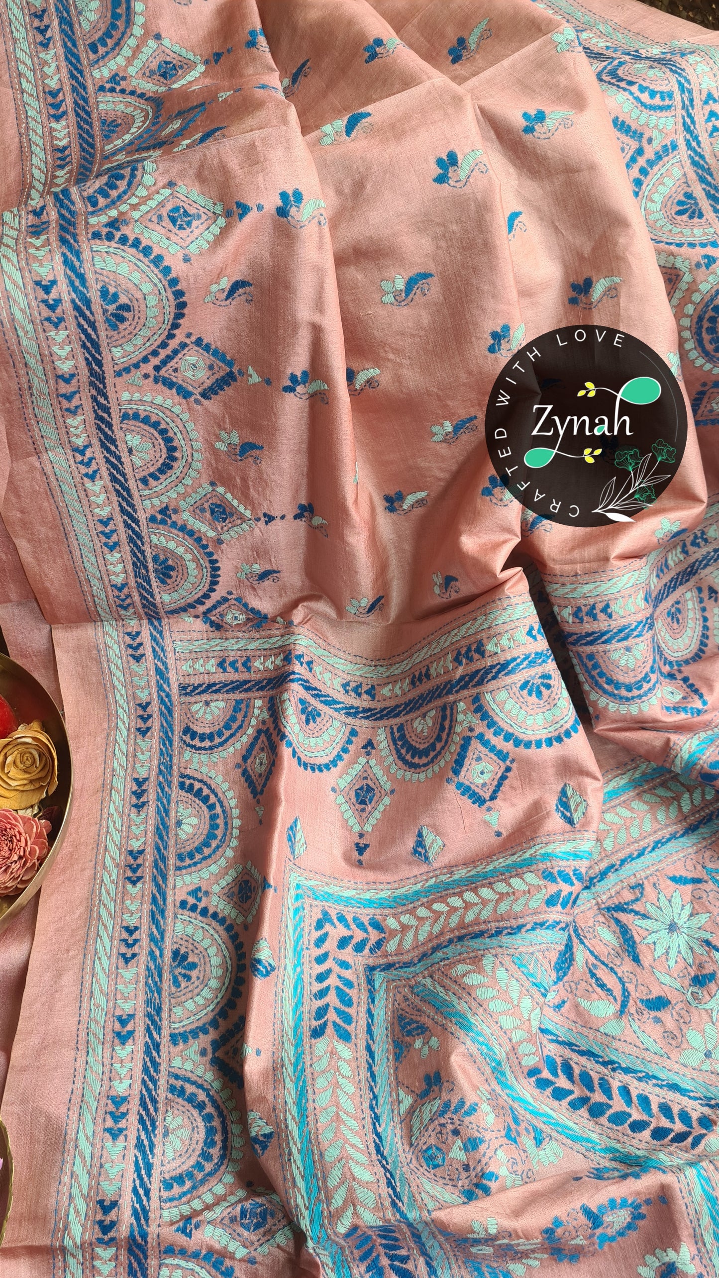 Zynah Pure Tussar Silk Kantha Saree; Custom Stitched/Ready-made Blouse, Fall, Petticoat; Shipping available USA, Worldwide