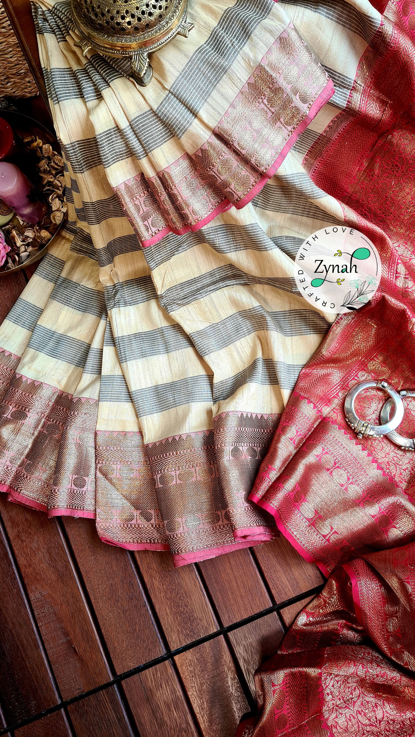 Zynah Pure Tussar Banarasi Silk Saree with Antique Zari; Custom Stitched/Ready-made Blouse, Fall, Petticoat; Shipping available USA, Worldwide