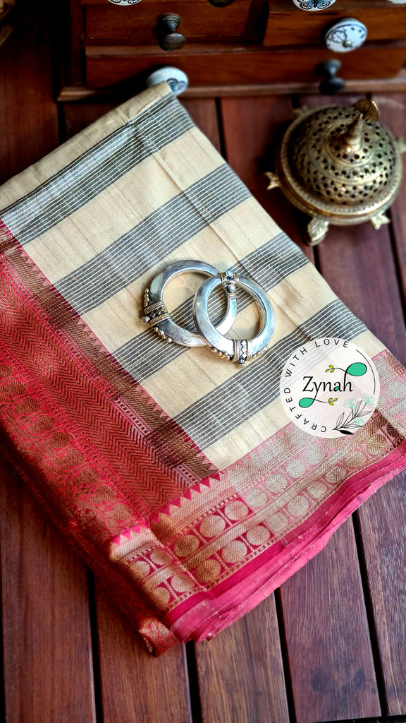 Zynah Pure Tussar Banarasi Silk Saree with Antique Zari; Custom Stitched/Ready-made Blouse, Fall, Petticoat; Shipping available USA, Worldwide