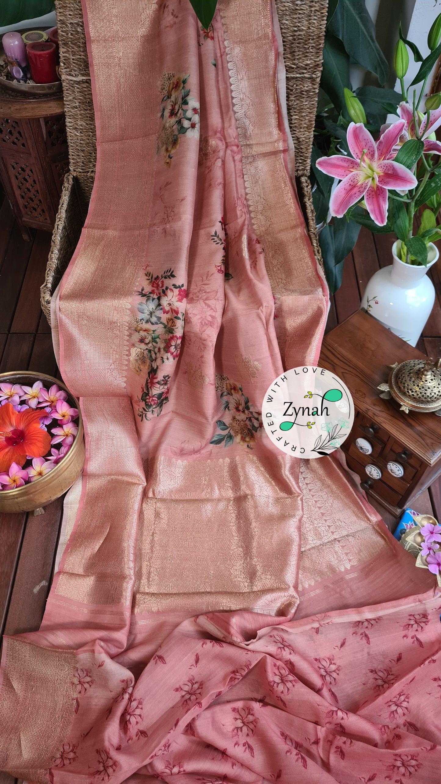 Zynah Pure Tussar Banarasi Silk Saree; Custom Stitched/Ready-made Blouse, Fall, Petticoat; Shipping available USA, Worldwide