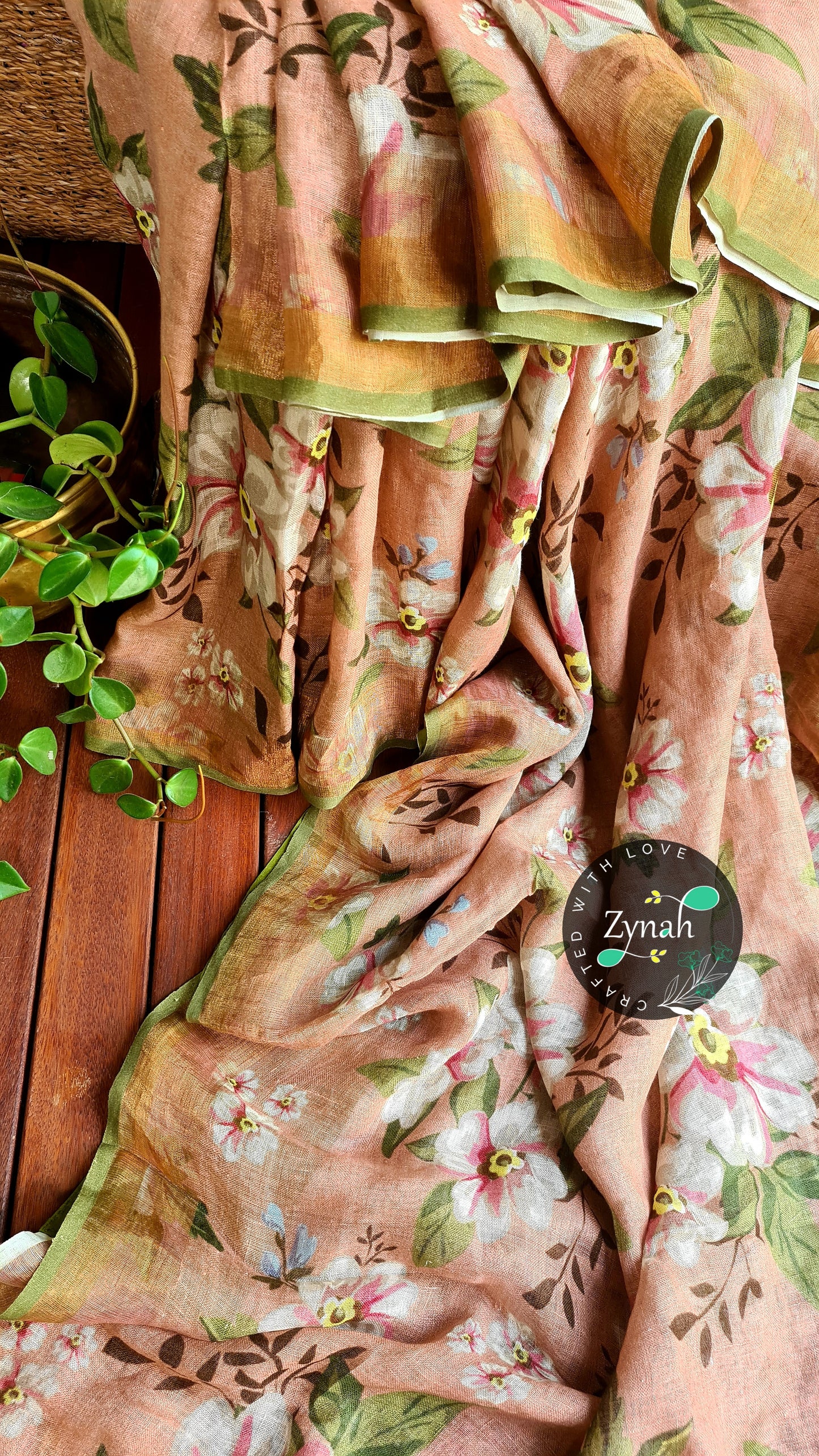 Zynah Organic Pure Linen by Linen(120c) Saree with Digital Floral Prints & Zari Border; Custom Stitched/Ready-made Blouse, Fall, Petticoat; Shipping available USA, Worldwide