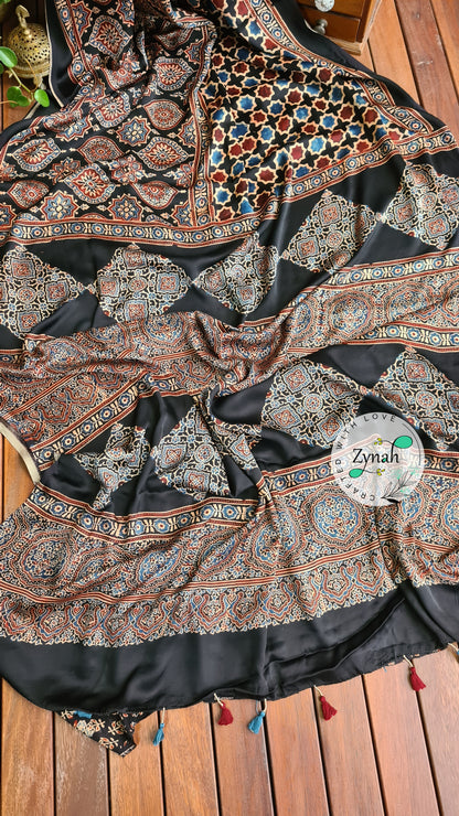 Zynah Pure Modal Silk Ajrakh Saree with Handblock Prints; Custom Stitched/Ready-made Blouse, Fall, Petticoat; Shipping available USA, Worldwide