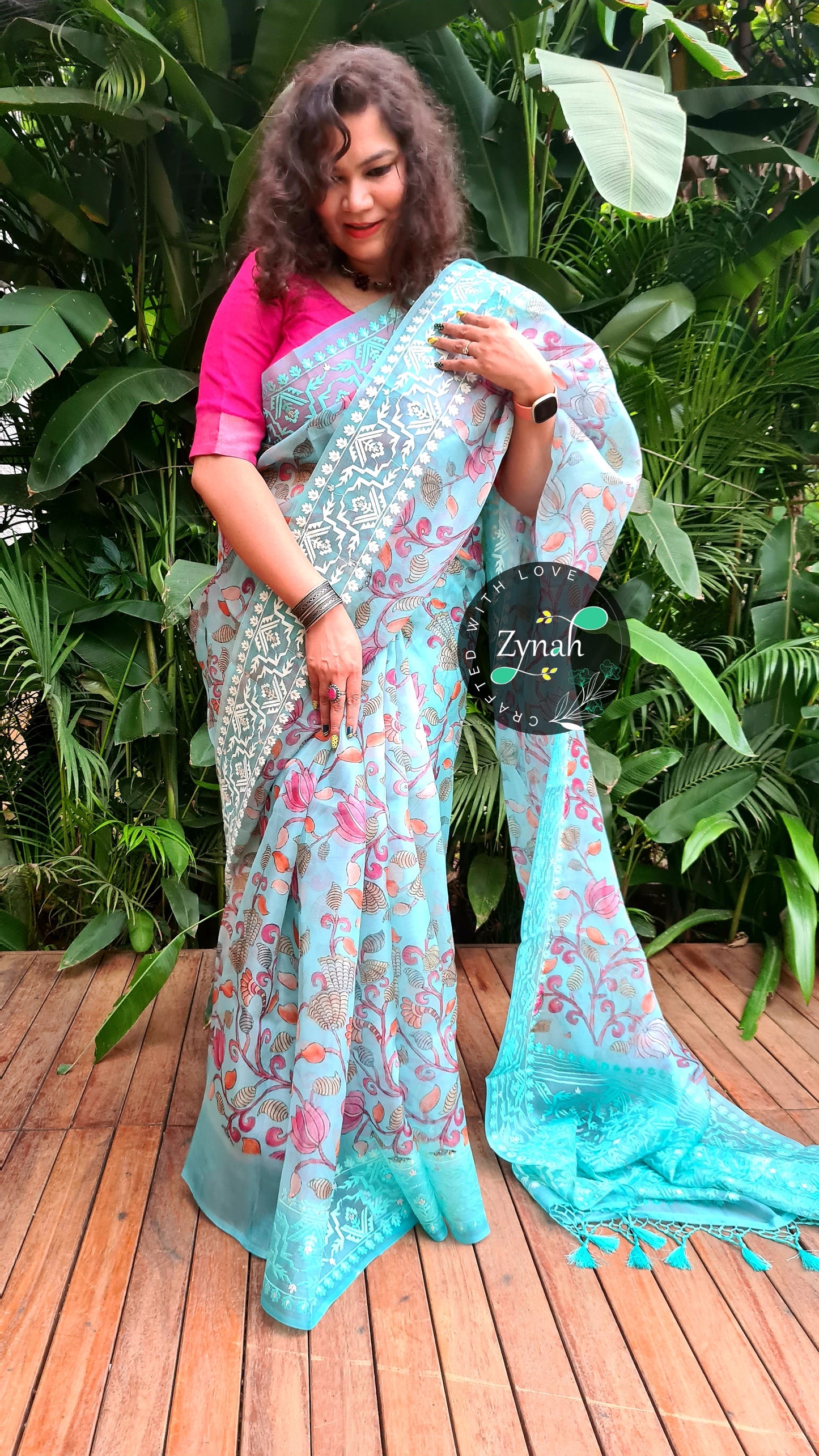 Zynah Pure Organza Silk Kalamkari Saree with Dhakai Jamdhani Thread Embroidery; Custom Stitched/Ready-made Blouse, Fall, Petticoat; Shipping available USA, Worldwide