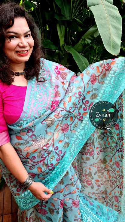 Zynah Pure Organza Silk Kalamkari Saree with Dhakai Jamdhani Thread Embroidery; Custom Stitched/Ready-made Blouse, Fall, Petticoat; Shipping available USA, Worldwide