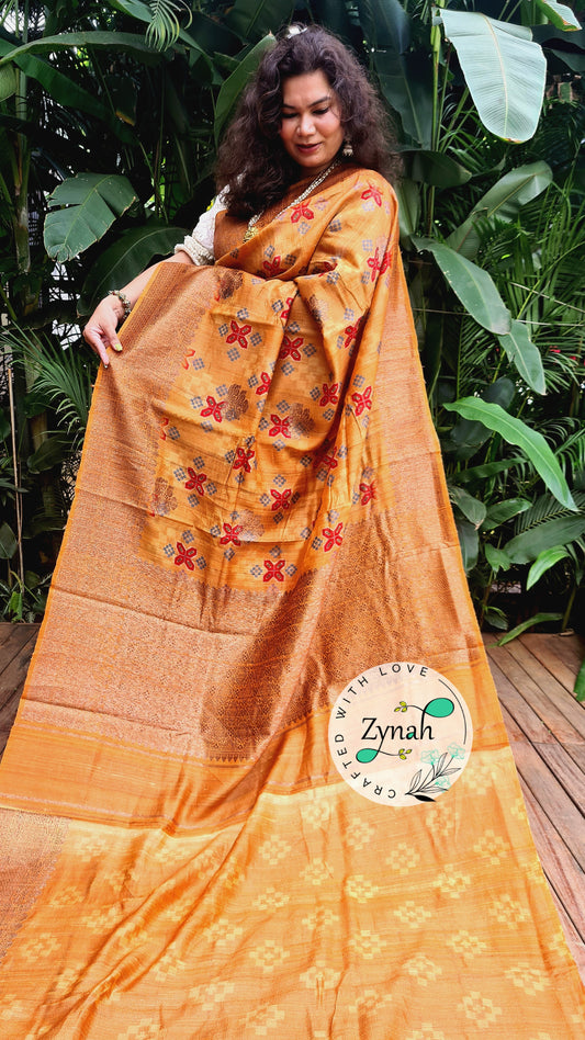 Zynah Pure Tussar Silk Banarasi Patan Patola inspired Saree with Antique zari weave; Custom Stitched/Ready-made Blouse, Fall, Petticoat; Shipping available USA, Worldwide