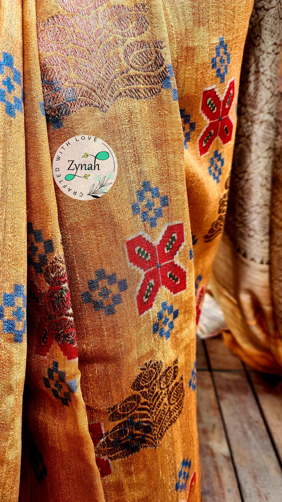 Zynah Pure Tussar Silk Banarasi Patan Patola inspired Saree with Antique zari weave; Custom Stitched/Ready-made Blouse, Fall, Petticoat; Shipping available USA, Worldwide