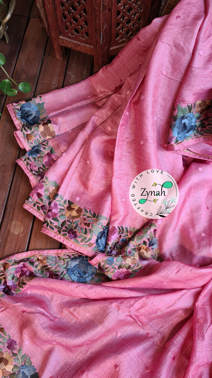 Zynah Made to Order Pure Tussar Silk Parsi Gara Handcrafted Saree; Custom Stitched/Ready-made Blouse, Fall, Petticoat; Shipping available USA, Worldwide